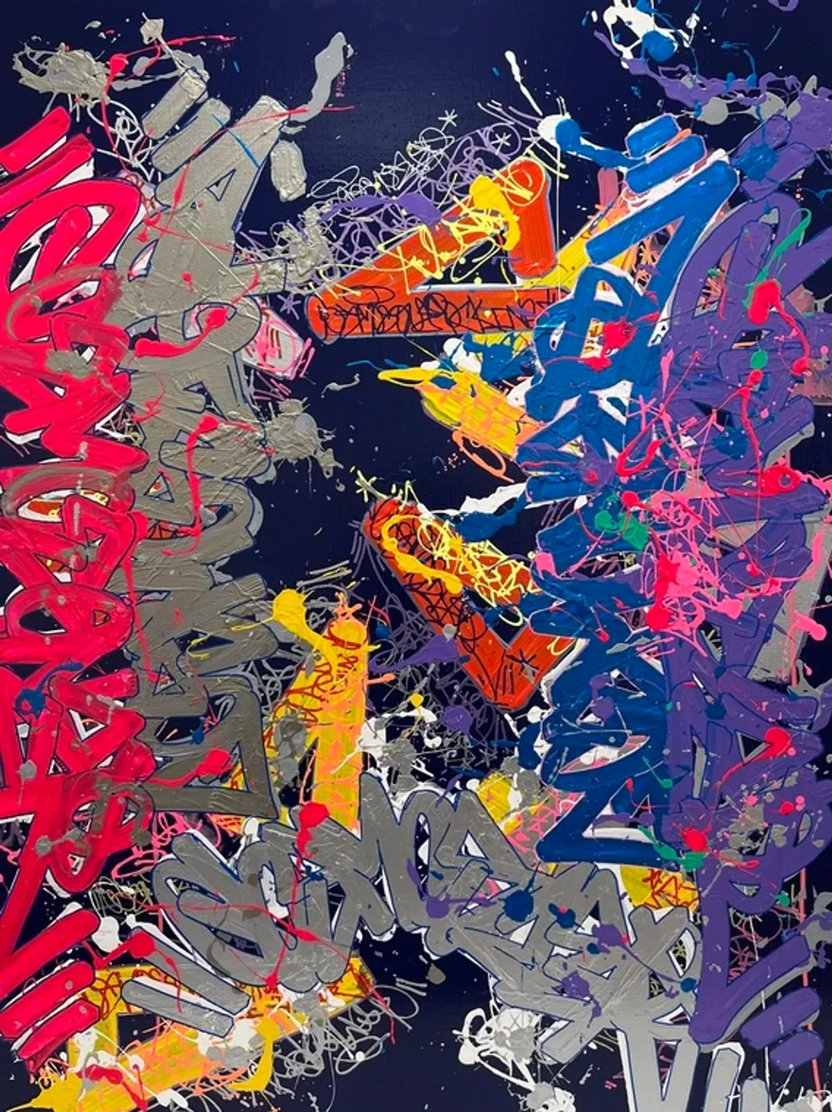 COSMOS — Roméo & Juliette (2024), Graffiti typographique & pigments sur lin